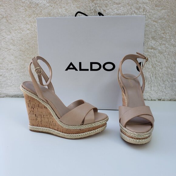 NEW ALDO PLATFORM WEDGE HEELS SANDALS, Leather, Beige, Women's shoes Size 10 - Picture 1 of 11